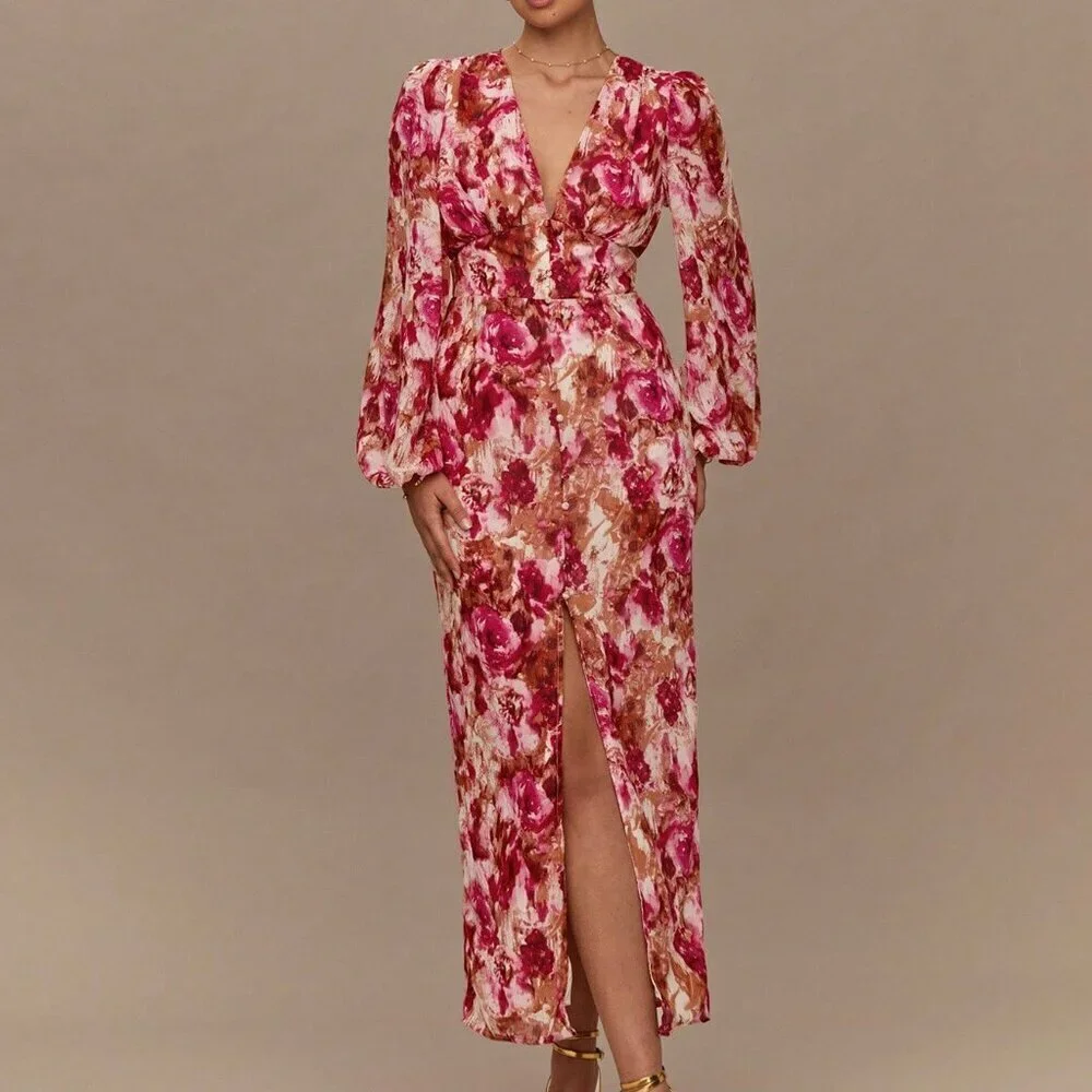 Hot Pink Boho Romantic Jacquard Women's Maxi Dress